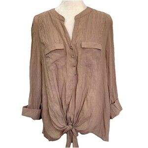 Cocomo Popover Tie Front Blouse Womens 2X Beige Tan 3/4 Sleeves Pintuck Pleated